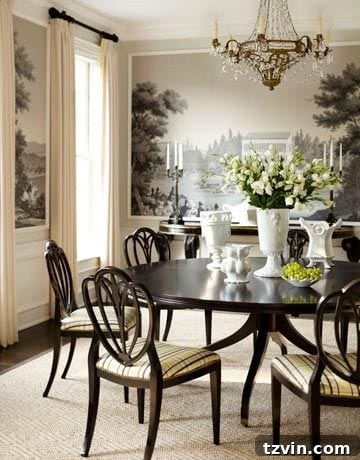 Reimagining Our Dining Room: A Modern Classic Makeover 4 Inspirational image of a scenic mural framed by traditional picture frame molding in a dining room, showcasing classic design.
