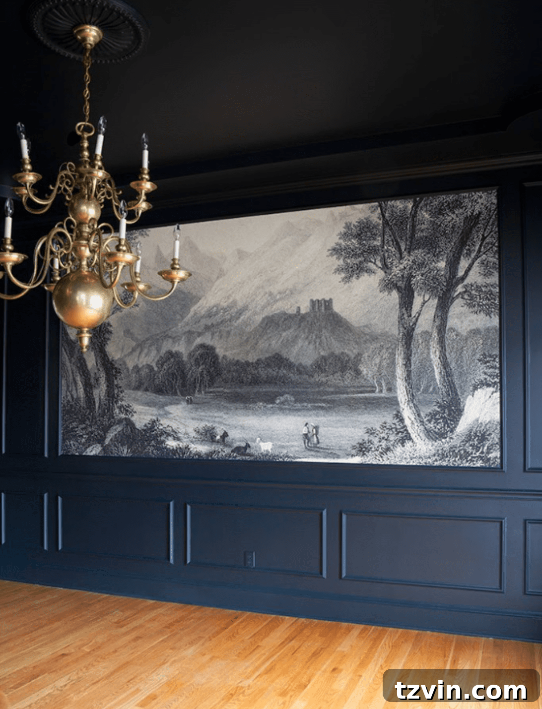 Reimagining Our Dining Room: A Modern Classic Makeover 5 Inspiration photo of navy picture frame molding paired with a delicate scenic wall mural, highlighting modern traditional aesthetics.