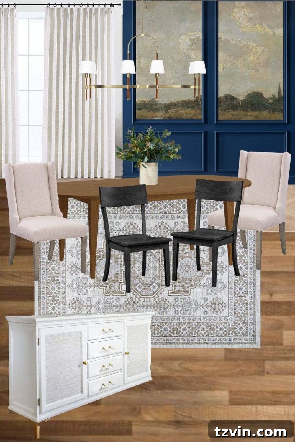 Reimagining Our Dining Room: A Modern Classic Makeover 7 Detailed mood board illustrating the modern classic dining room makeover with scenic mural, oval table, and curated furniture selections.