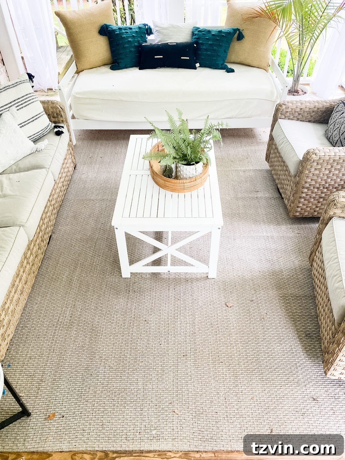 Plain outdoor rug waiting for a floral block designer makeover