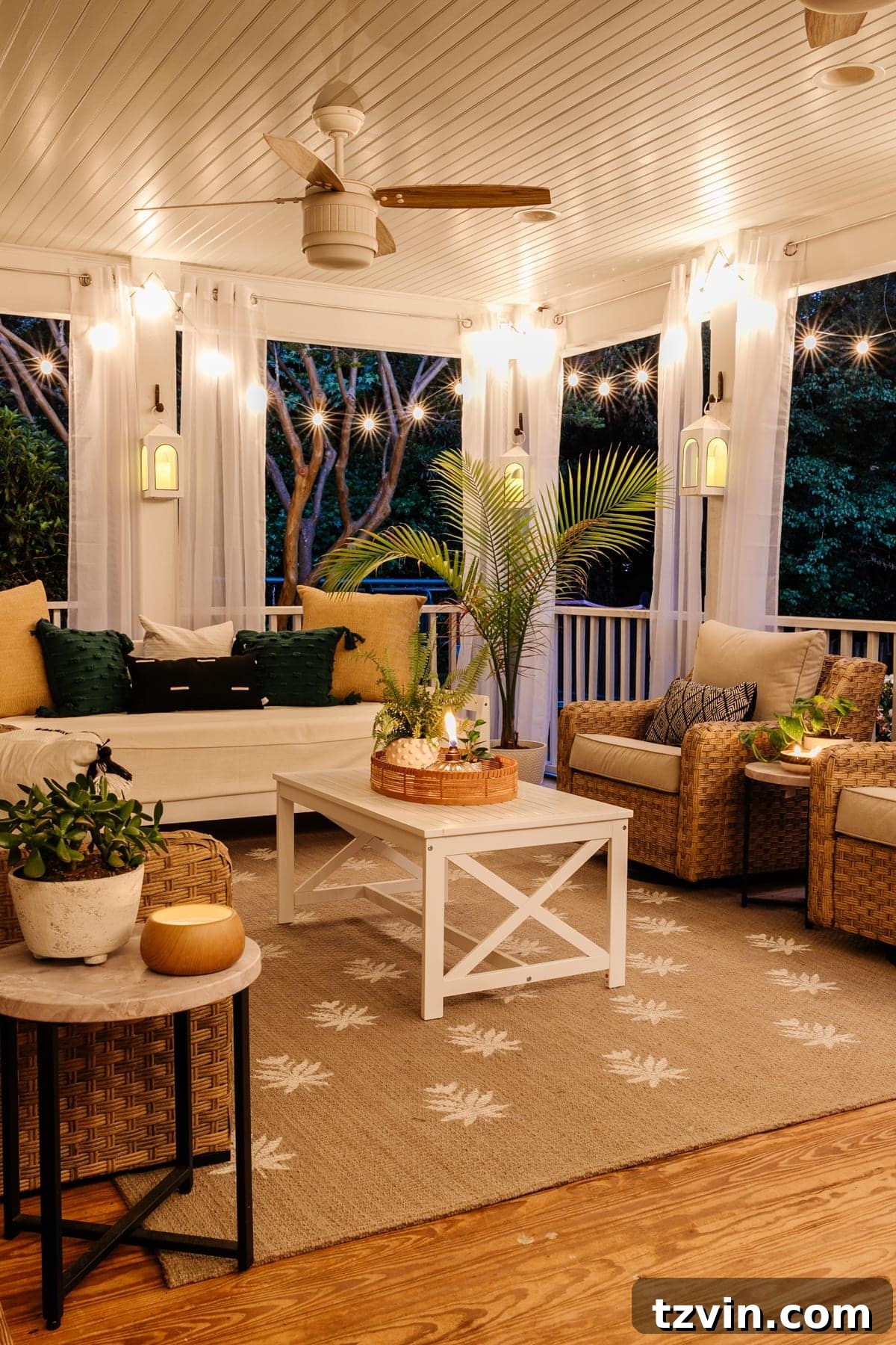 Back porch at night with twinkle lights, candles, and the DIY floral block outdoor rug