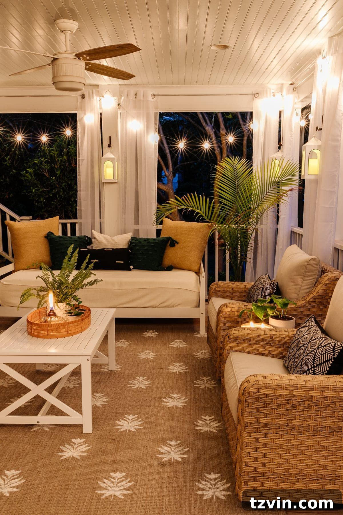 Cozy evening ambiance on the back porch with lighting and candles