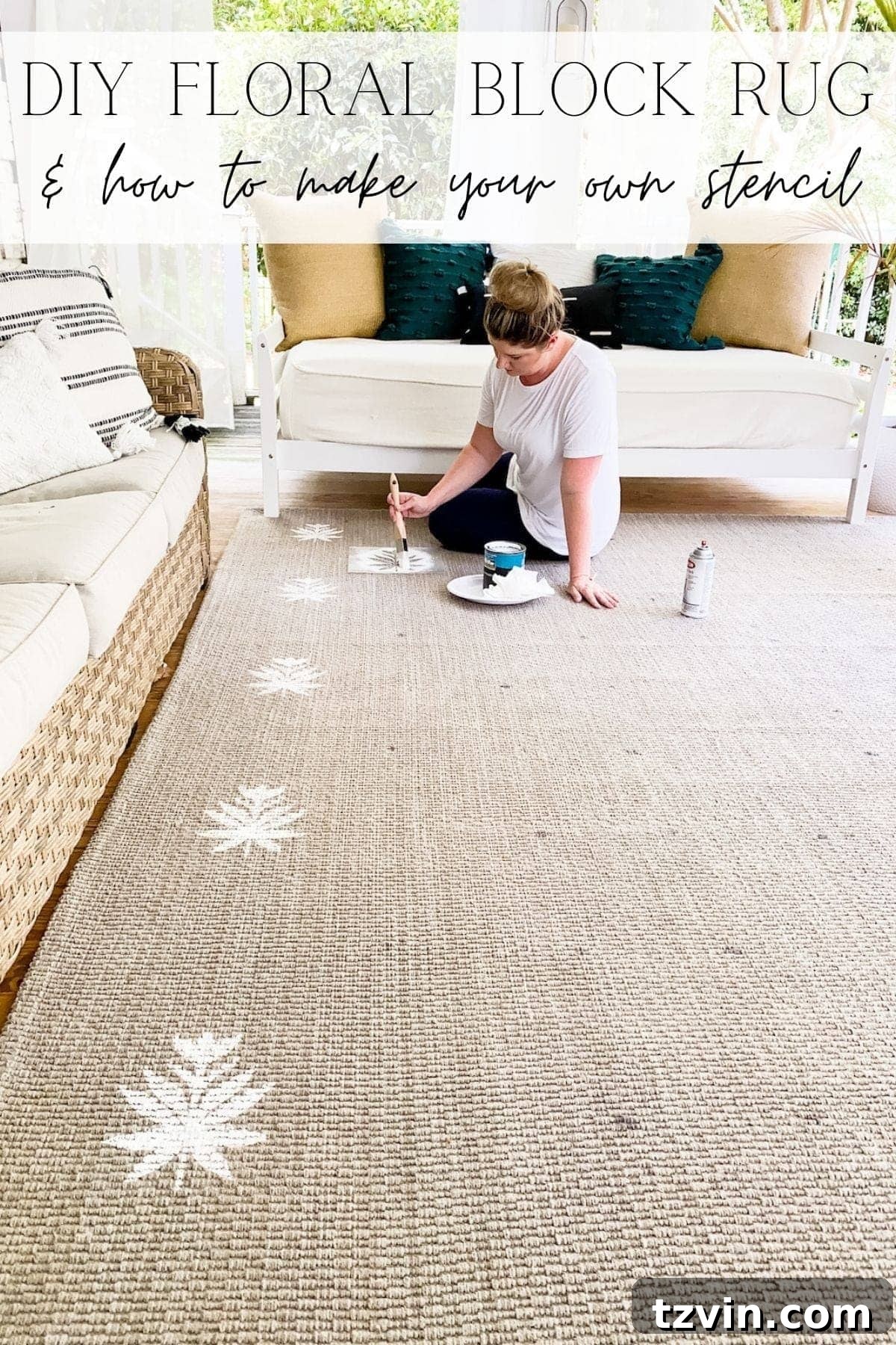 Pinterest pin for DIY floral block outdoor rug