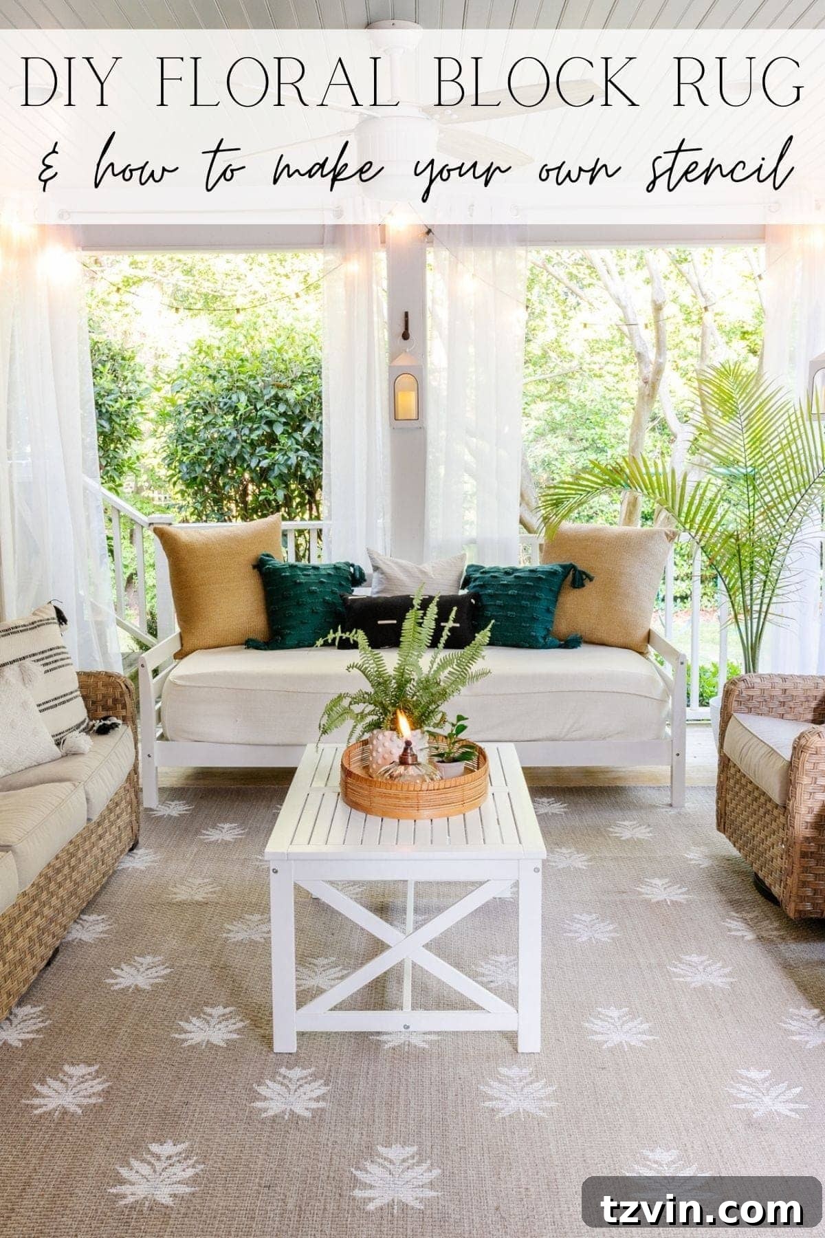 Pinterest pin for DIY Floral Block Rug & How to Make Your Own Stencil