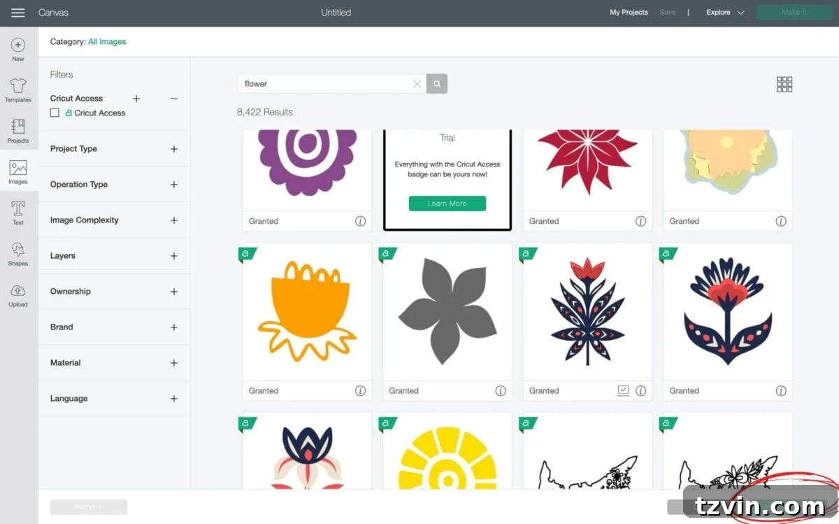 Cricut Design Space interface showing flower image search