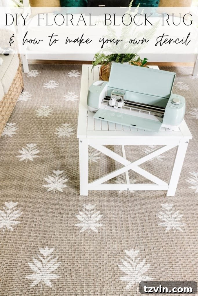 Pinterest pin featuring the finished floral block DIY rug and stencil tutorial