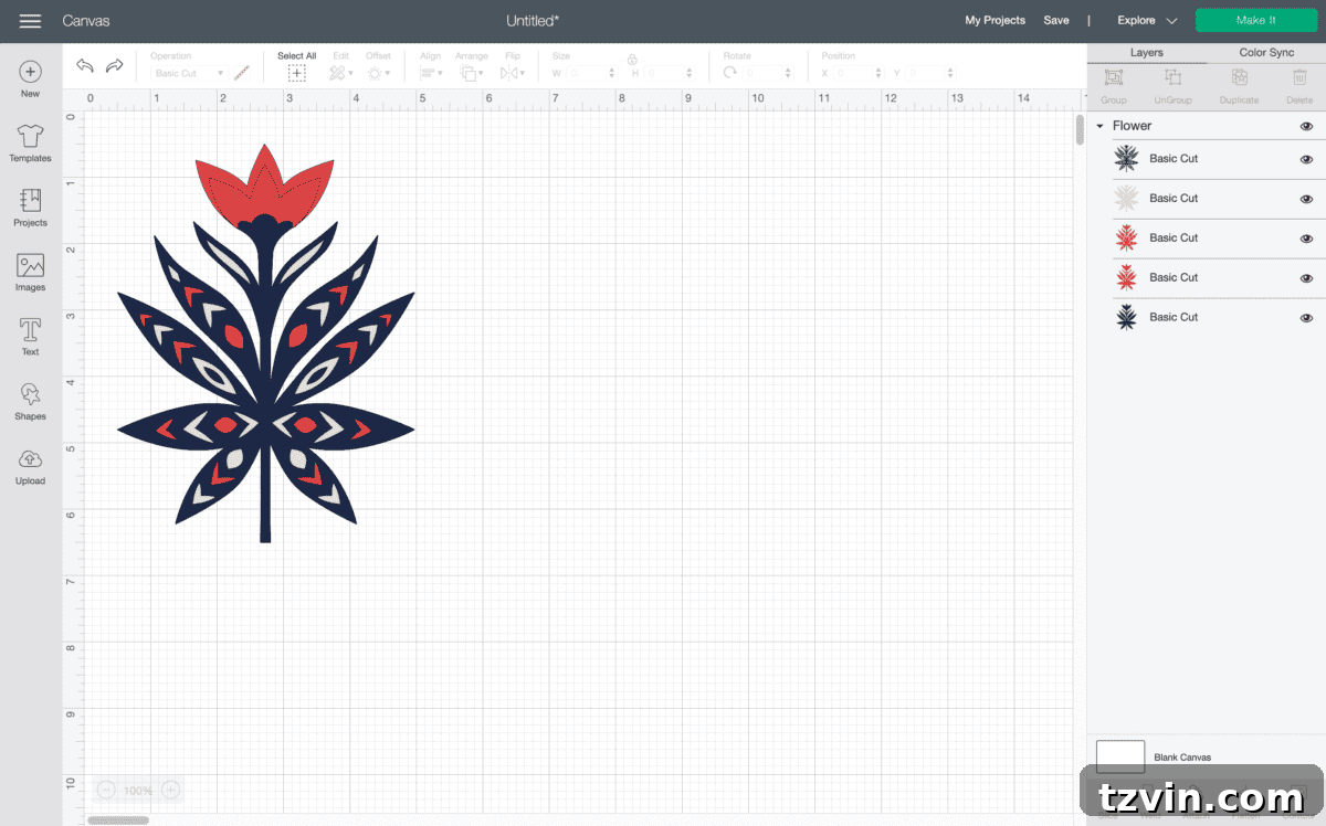 Selected flower image on Cricut Design Space canvas