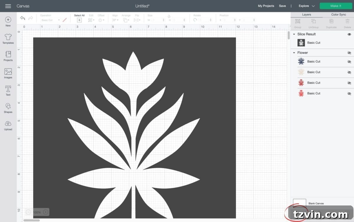Using the Slice tool in Cricut Design Space to create the stencil cut-out