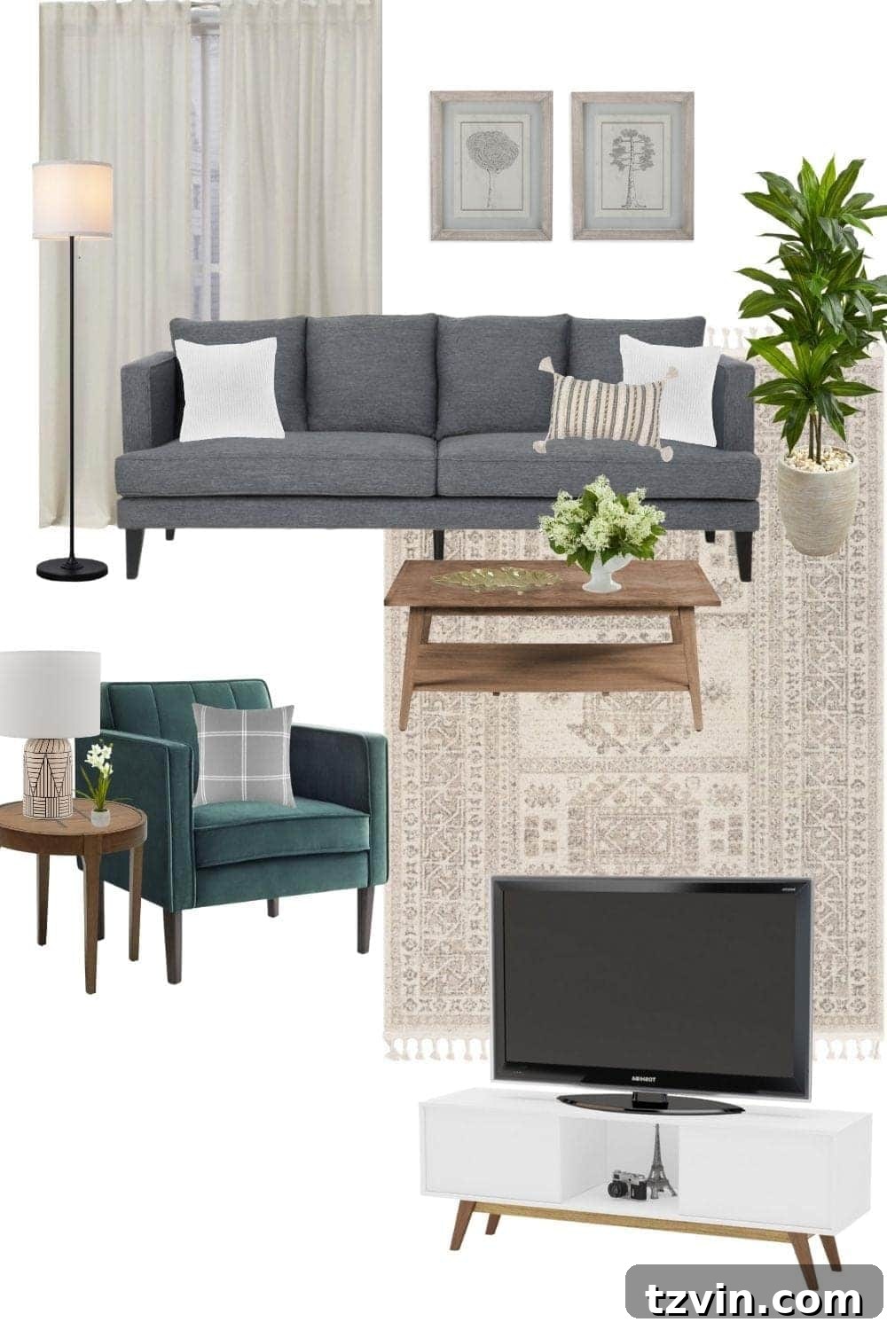 Smart Spends, Stunning Spaces: 3 Living Room Looks Under $2K for Monday Inspiration 4 A modern classic living room mood board design using decor and furniture from Walmart for under $2,000.
