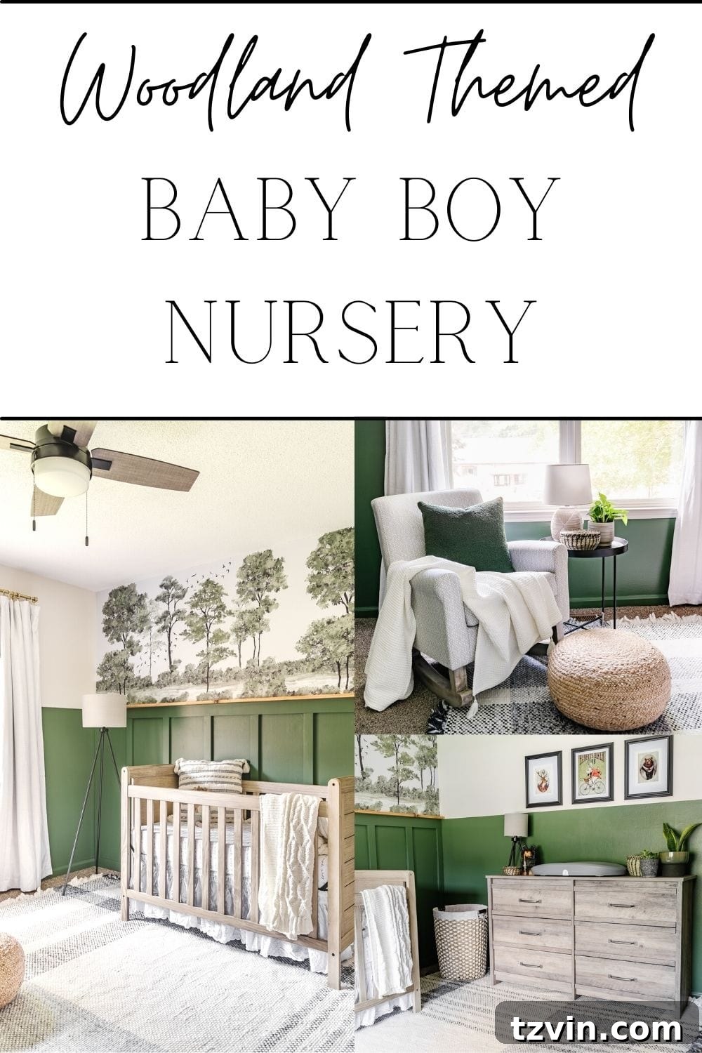 Our Cozy Woodland Wonderland: Baby Boy Nursery Transformation 18 Woodland themed baby boy nursery with green paint, forest wall mural, and plaid rug