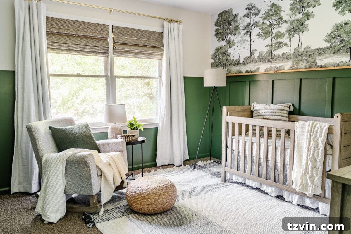 Our Cozy Woodland Wonderland: Baby Boy Nursery Transformation 3 Green woodland nursery decor with crib, mural, and cozy elements