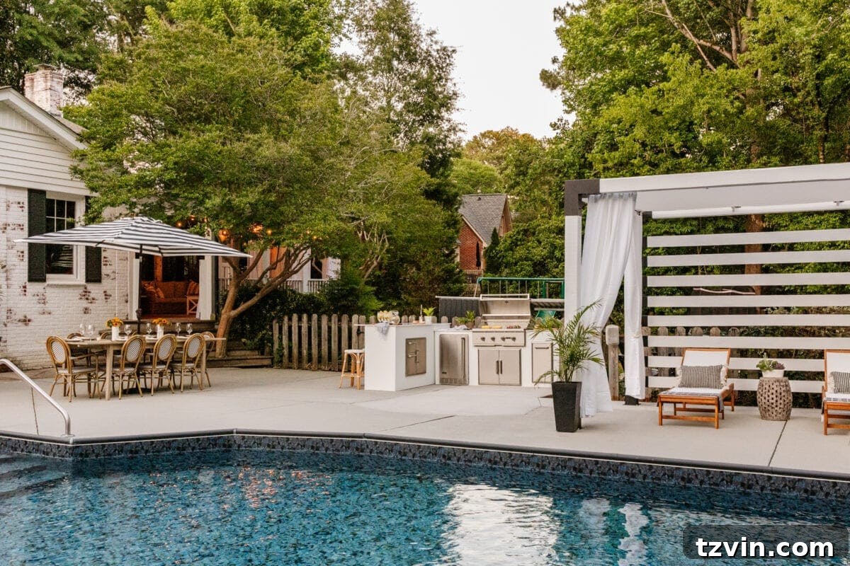 DIY Outdoor Kitchen Kit: Easy Build, Essential Knowledge 23 backyard with pool outdoor kitchen pergola cabana and outdoor dining table
