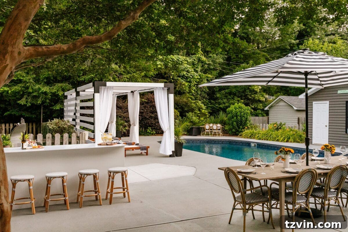 DIY Outdoor Kitchen Kit: Easy Build, Essential Knowledge 6 DIY pergola cabana modular outdoor kitchen and outdoor dining table with swimming pool in a backyard