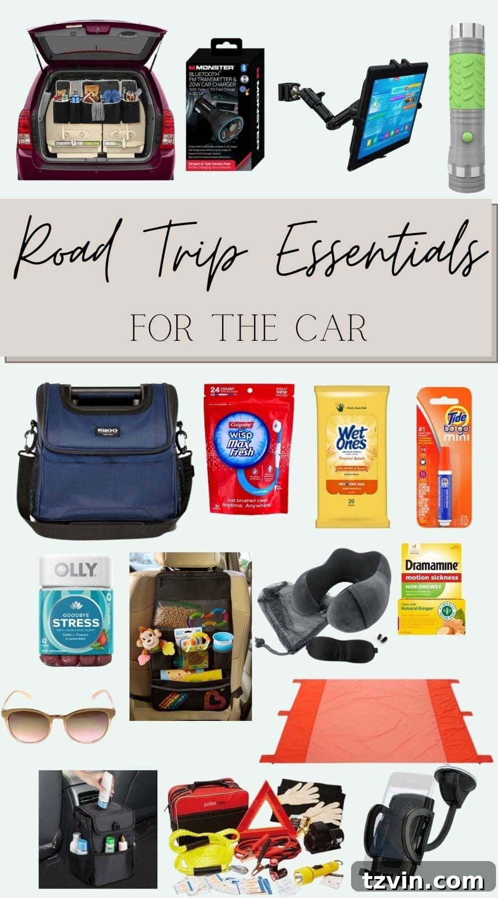Road Trip Ready: Your Printable Packing Guide 4 Essential items for car organization on a road trip, including storage solutions and practical gadgets.