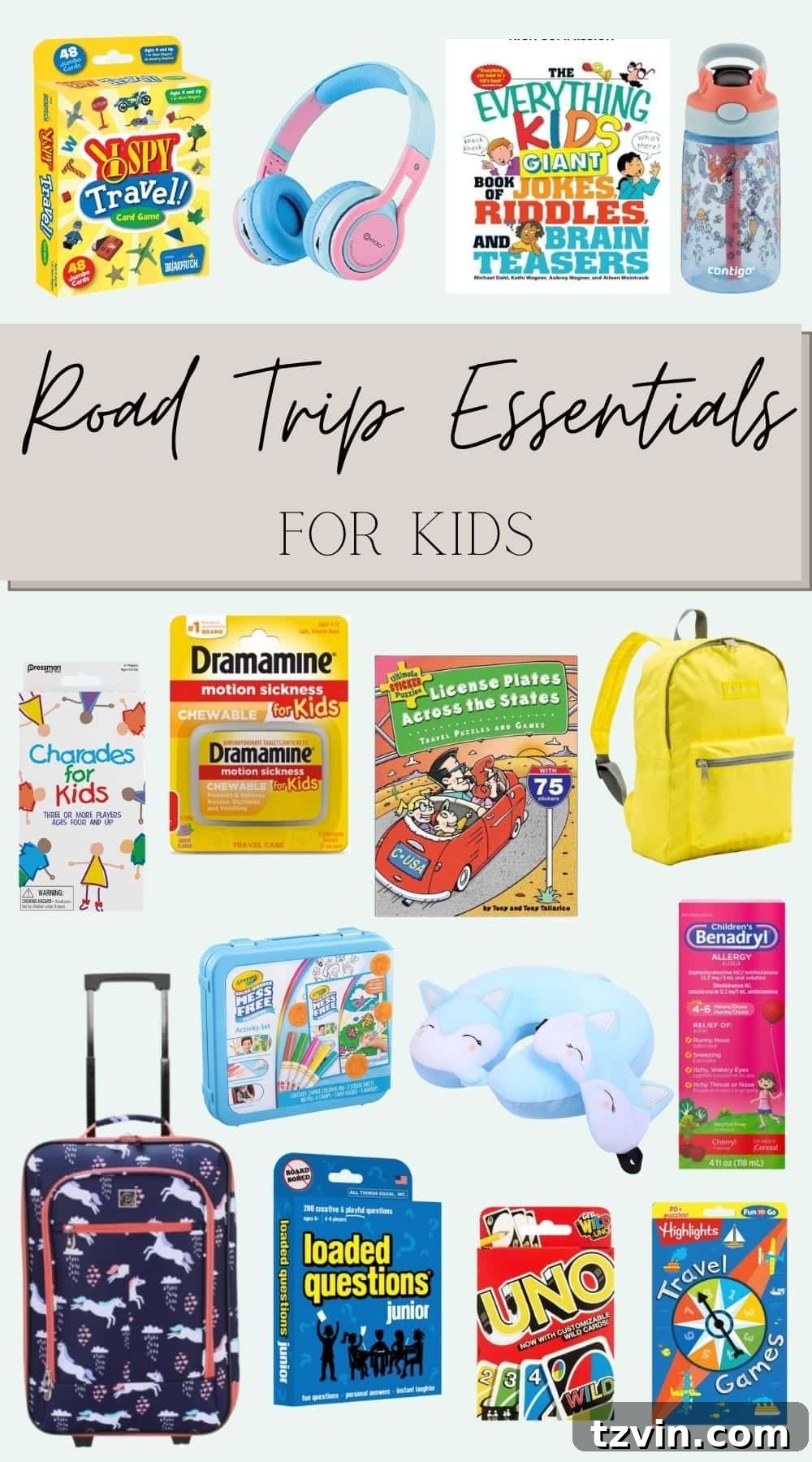 Road Trip Ready: Your Printable Packing Guide 5 Various road trip essentials specifically chosen for kids, including games, art supplies, and comfort items.