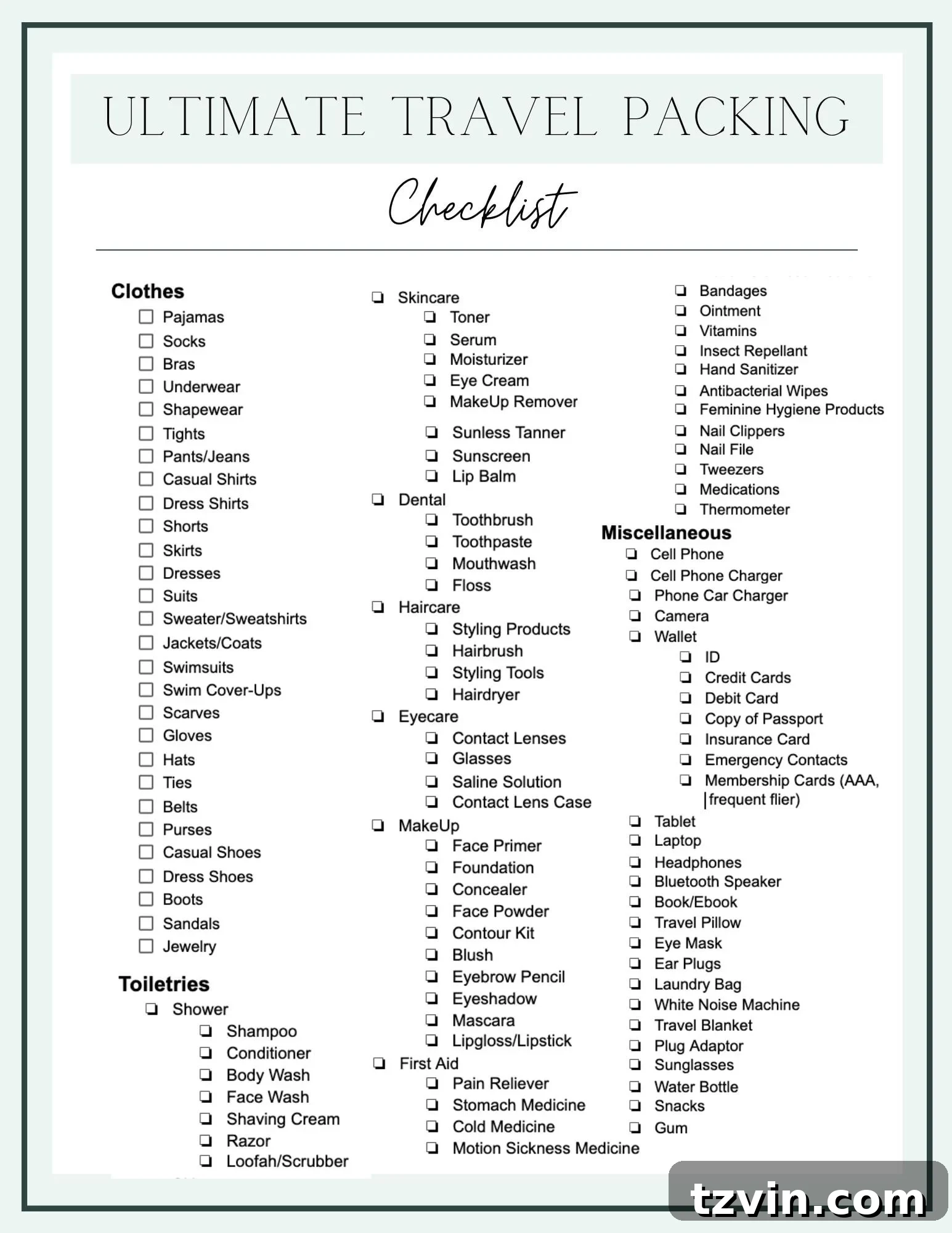 Road Trip Ready: Your Printable Packing Guide 7 Detailed printable travel packing checklist for organizing all items before a trip.