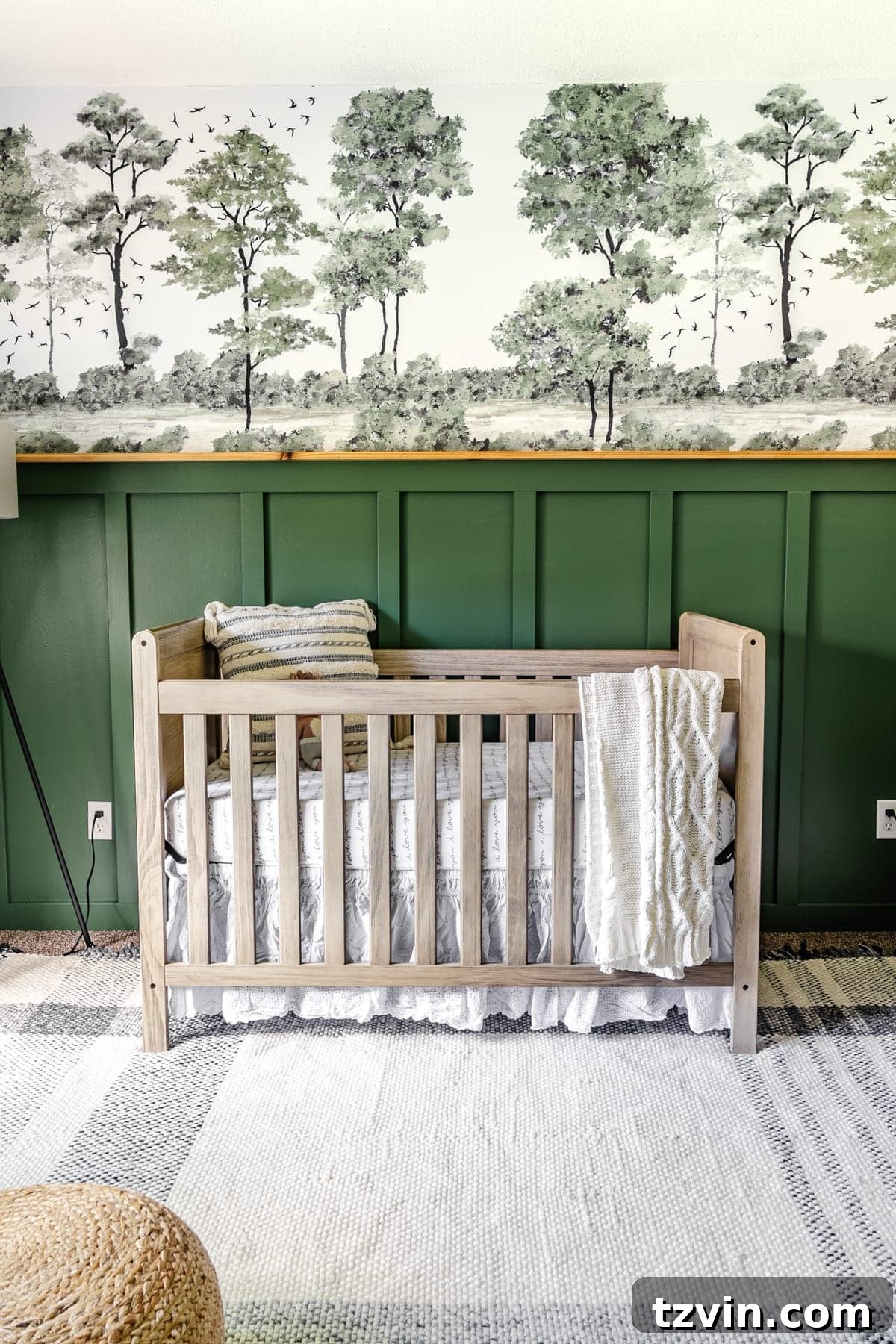 Romabio Midsummer green baby boy nursery with wallpaper mural and board and batten wall molding
