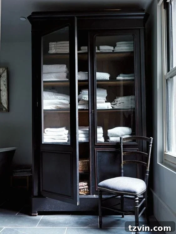 Black linen cabinet with wood interior
