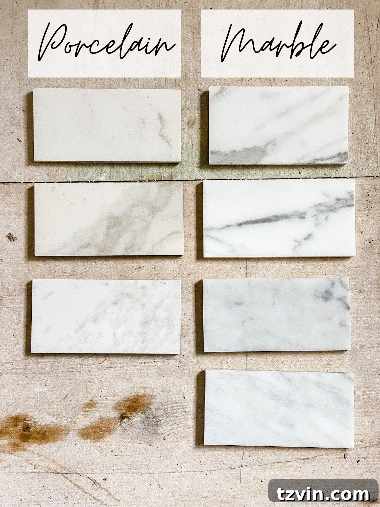 The Marble Dilemma: Authentic Elegance or Smart Alternative 4 Alexander James Tile Studio samples: semi-polished Calacatta, matte Calacatta, polished Carrara porcelain and natural marble options