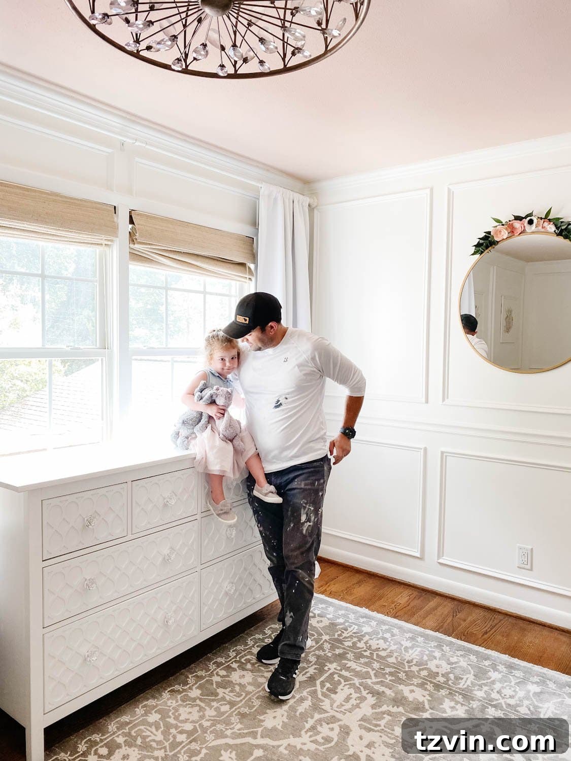 Blush paint on ceiling creating a soft, ethereal ambiance
