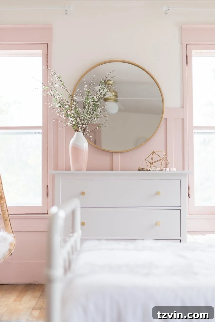 Behr Rosewater - vibrant pink paint in a girl's room with subtle gray undertones