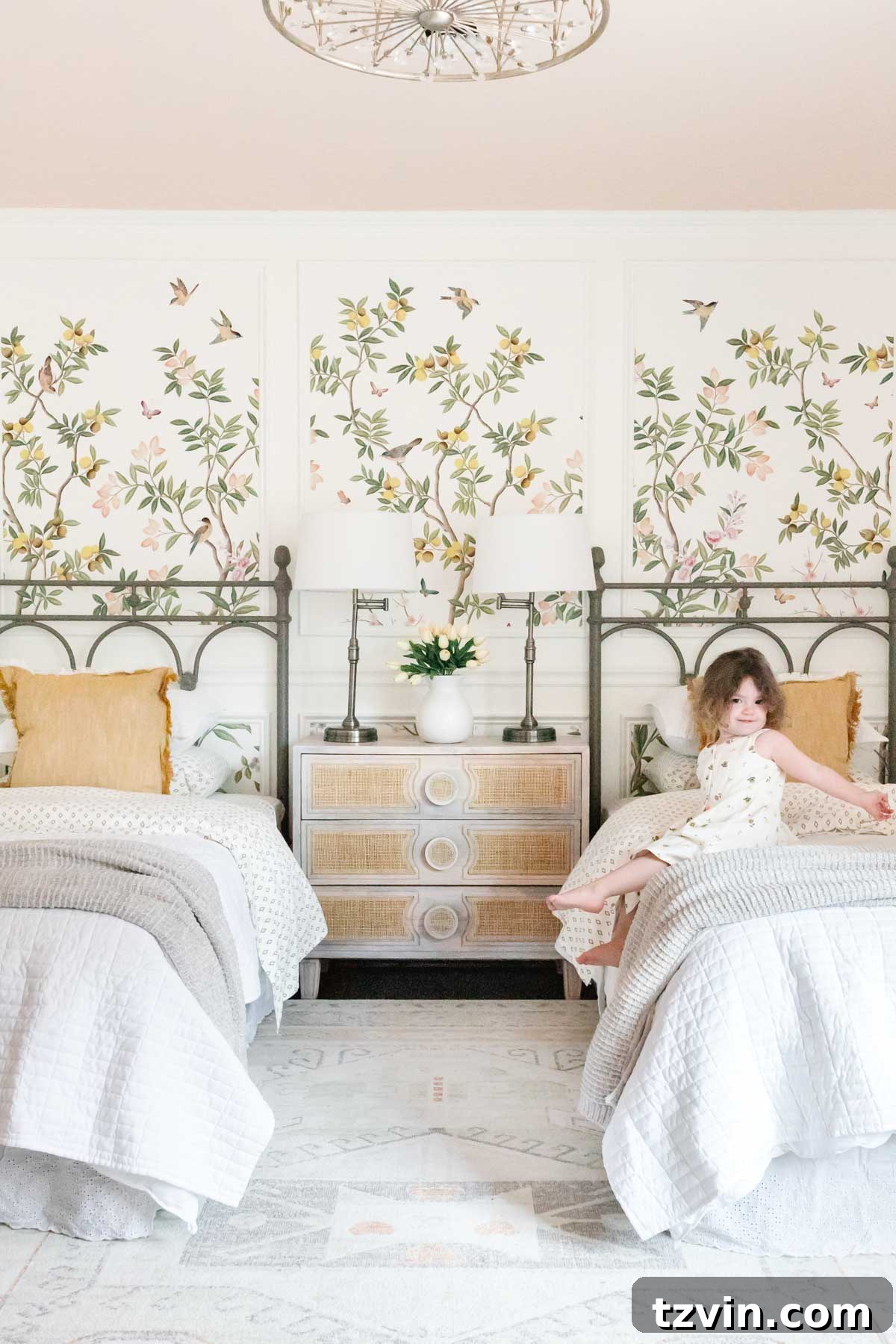 toddler girl bedroom with twin beds and cottagecore style pattern play