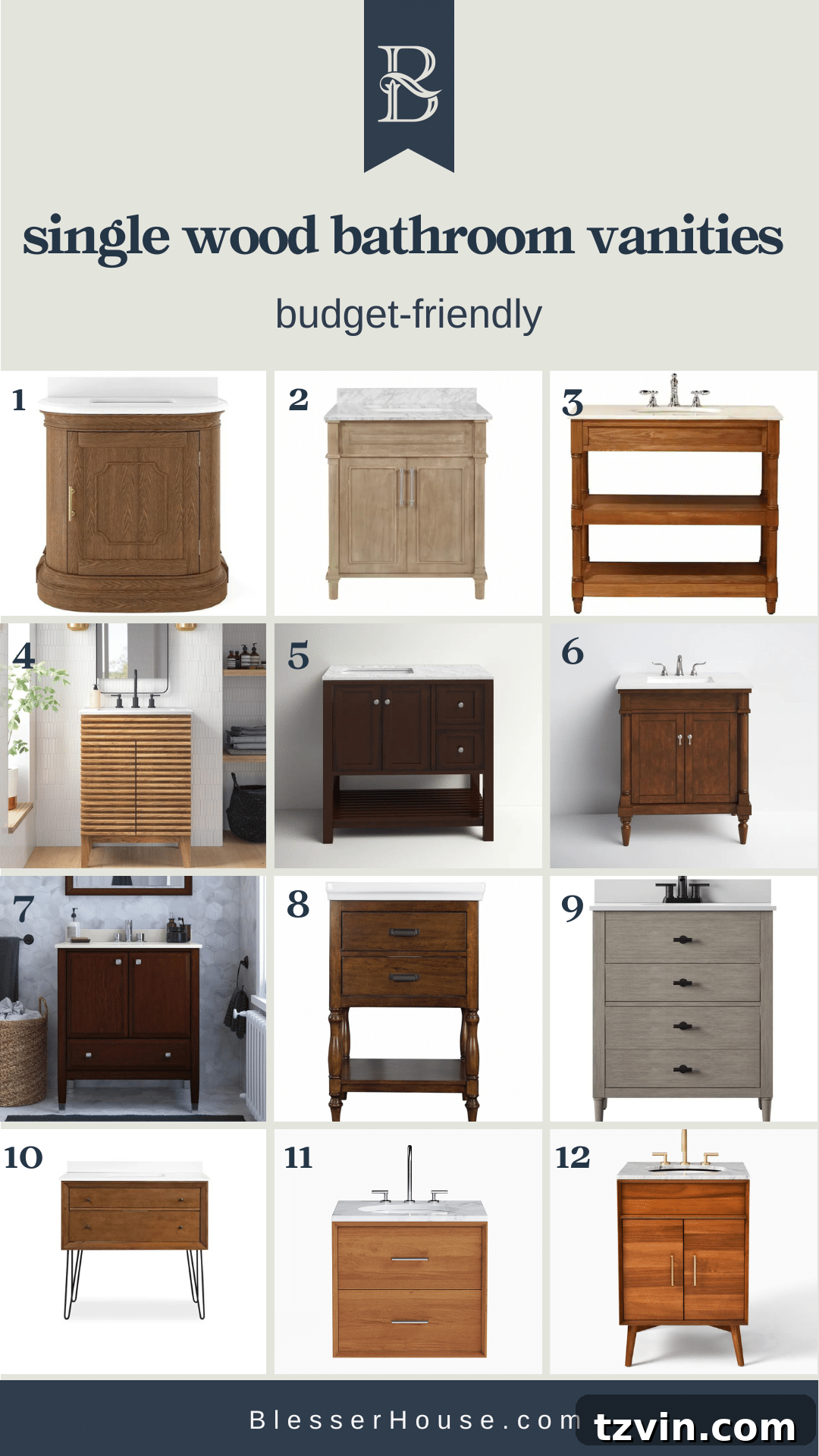 Collection of single wood bathroom vanities under $1000, showcasing various styles and finishes