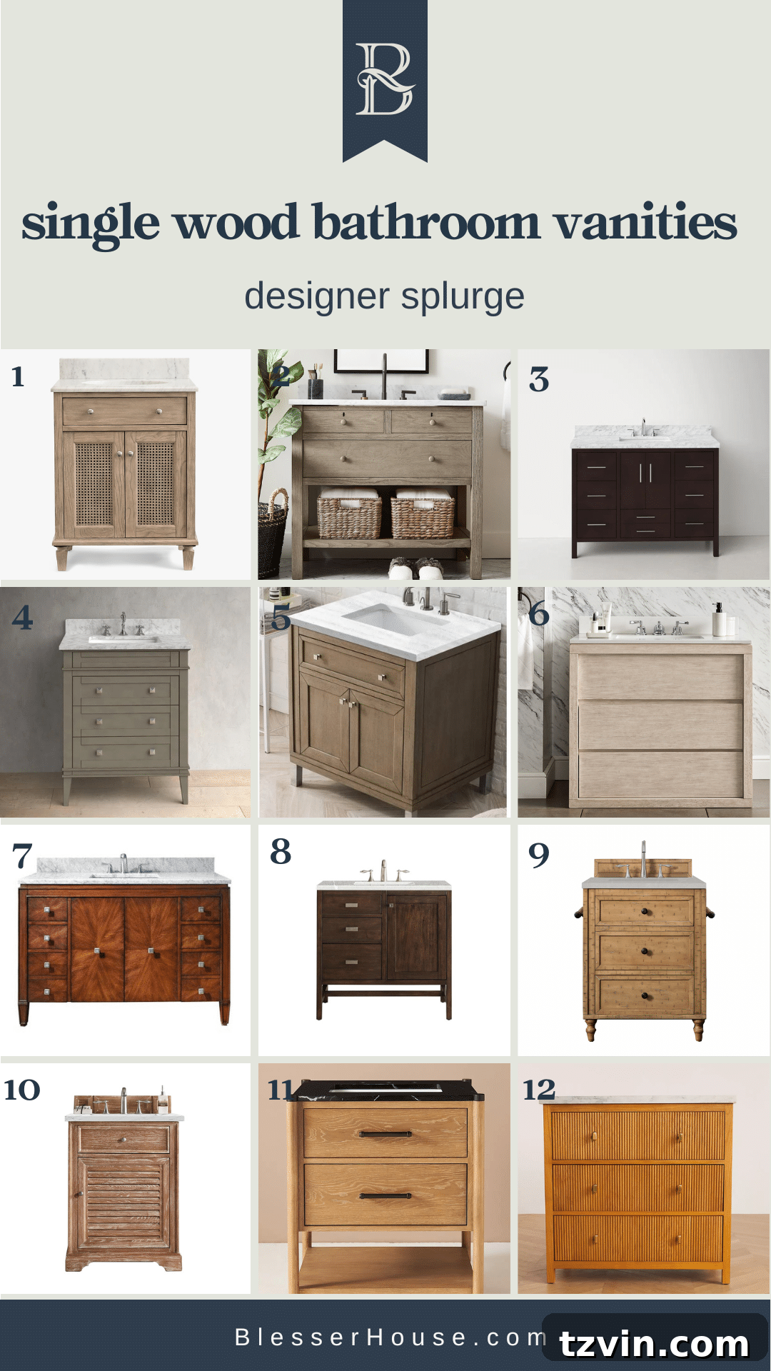 Collection of designer single wood bathroom vanities, showcasing premium styles and finishes