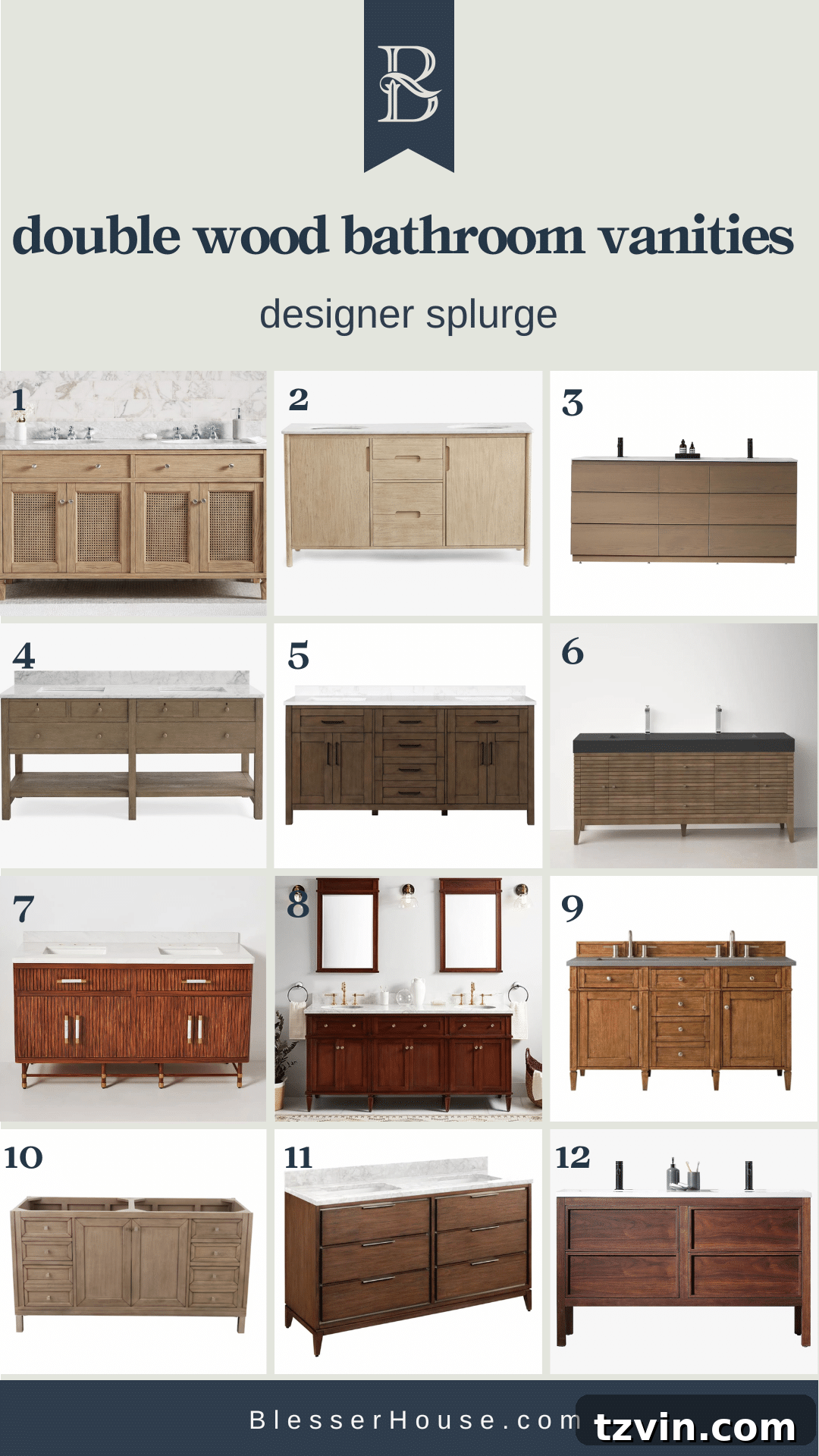 Collection of designer double wood bathroom vanities, highlighting luxury and intricate details