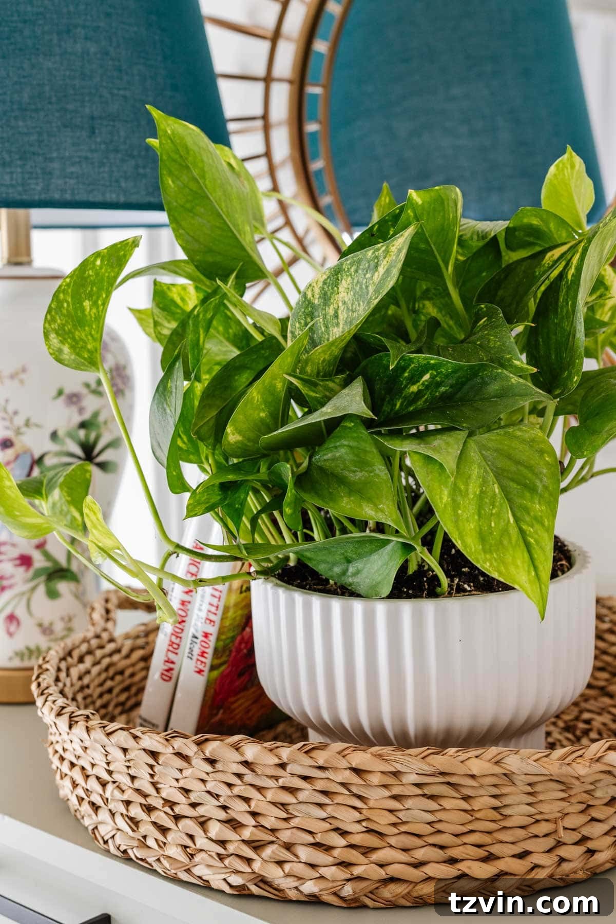 Decorated dresser top featuring a fluted planter with a plant and a woven basket tray for storage in a child's room.