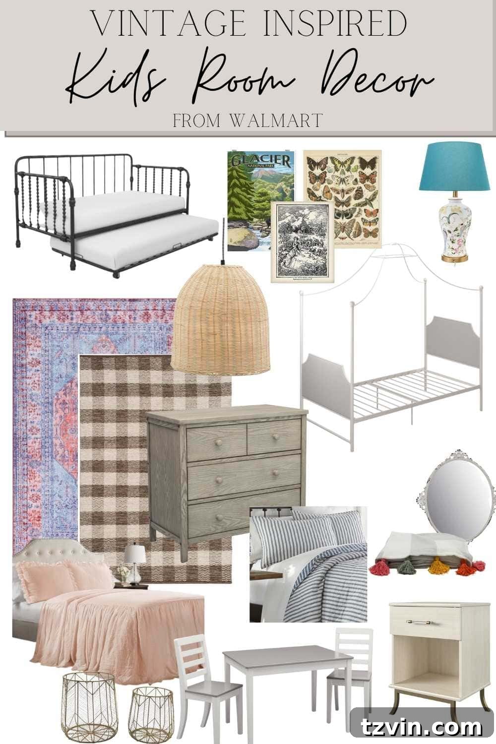 Collage of various vintage-inspired kids' room decor and furniture items available at Walmart.