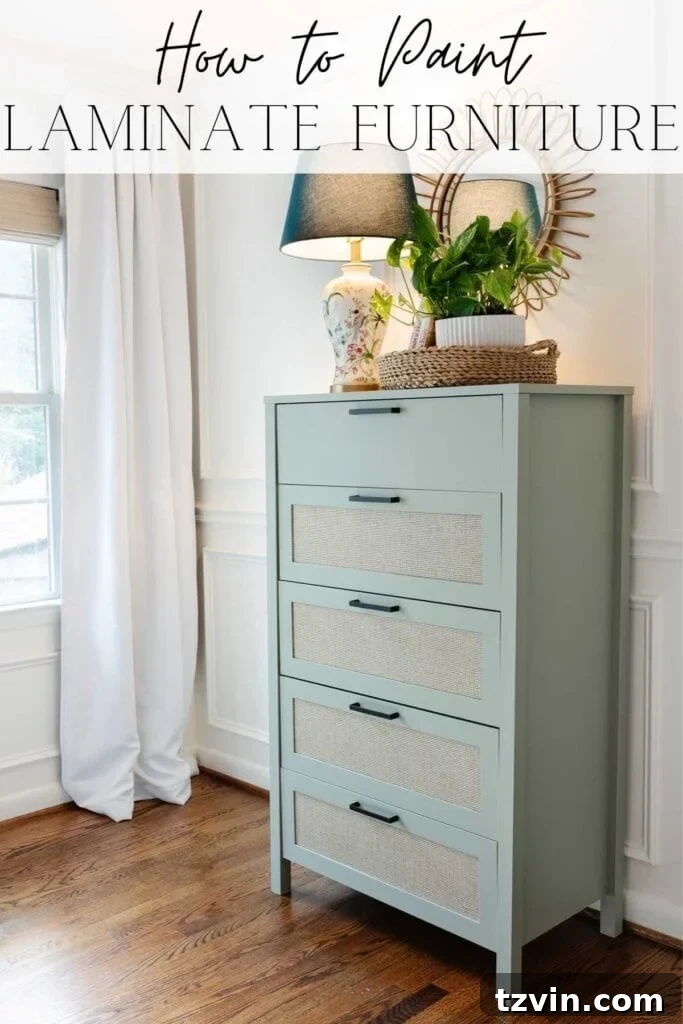 Pinterest graphic: How to Paint Laminate Furniture | A simple step-by-step tutorial for how to paint laminate furniture and the best inexpensive kids' room decor.