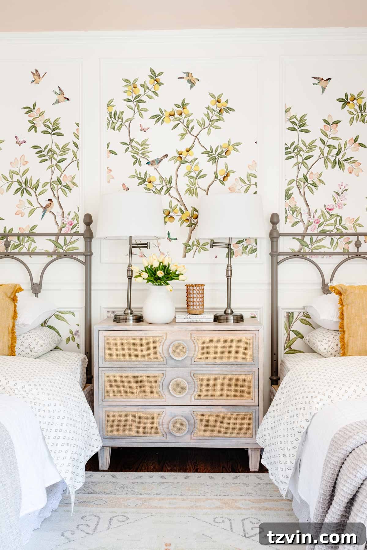 Charming little girl's bedroom with a stylish and functional layout, showcasing a freshly painted dresser as a focal point.