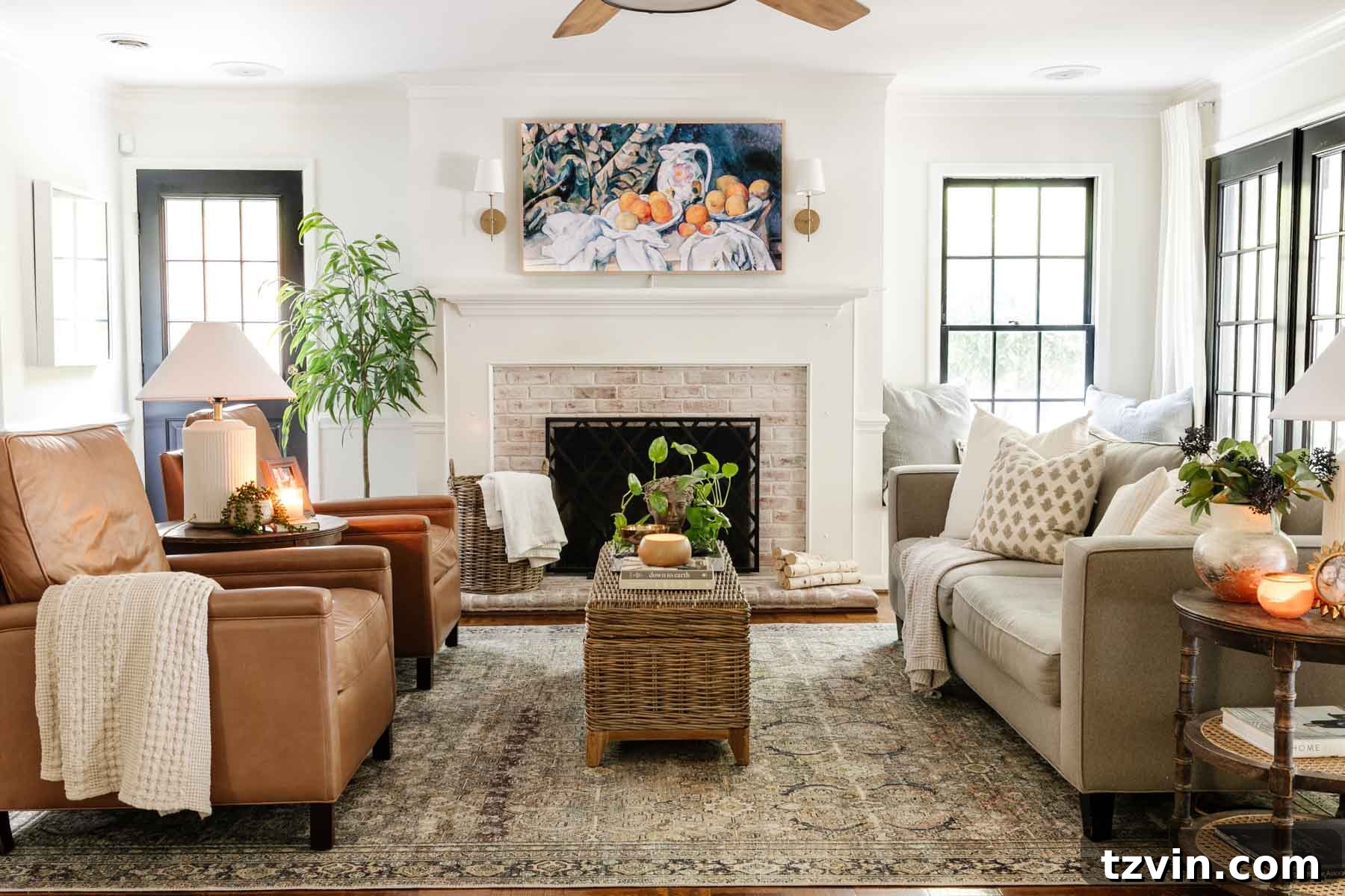 Pottery Barn Leather Recliner: Two Years Later, An Honest Appraisal 13 Living room featuring a limewashed brick fireplace and newly acquired Pottery Barn Tyler recliners, showcasing their initial appearance.