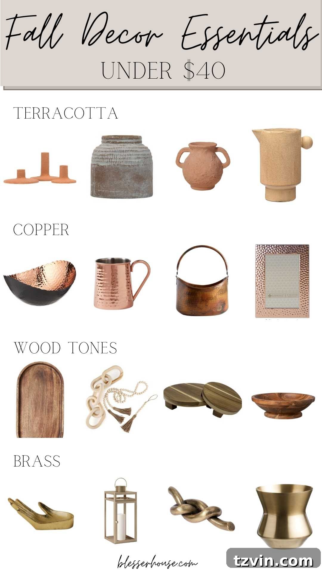 Fall Home Decor Under $40 - terracotta, copper, wood tones, and brass