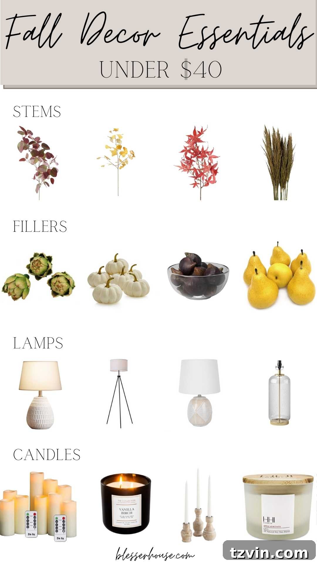 Fall Home Decor Under $40 - stems, fillers, lamps, and candles