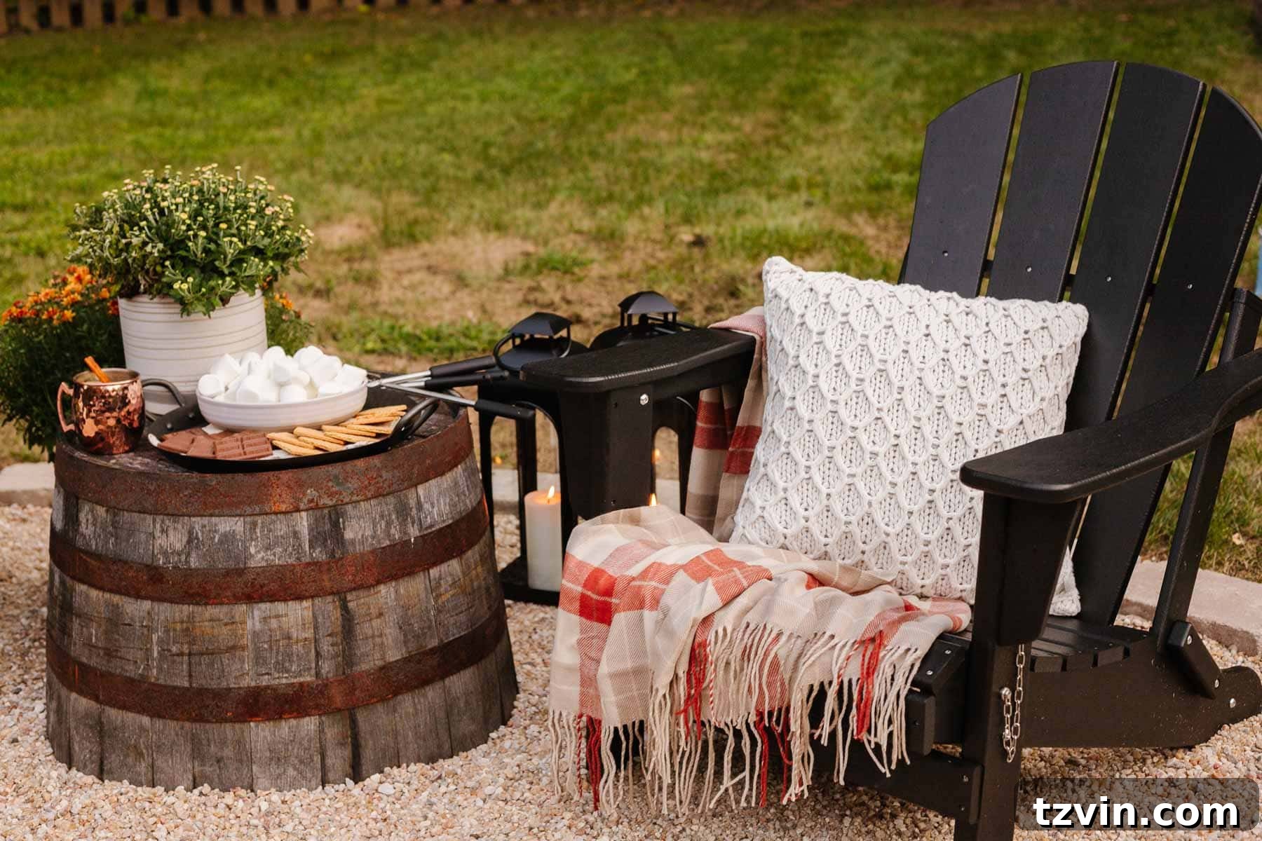 Ignite Autumn Nights: 8 Fire Pit Decor Ideas for Your Backyard 7 Upside-down barrel planter serving as an outdoor side table, adorned with fall decor