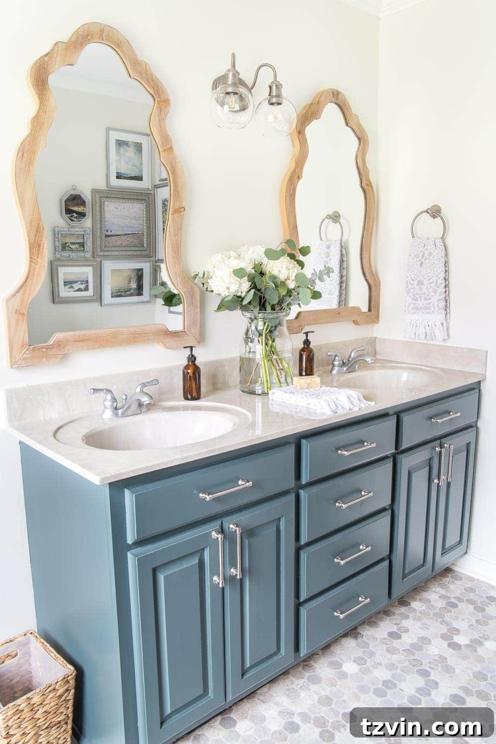 Designers' Go-To Off-White Paint Shades 6 Benjamin Moore White Dove in a refreshed bathroom