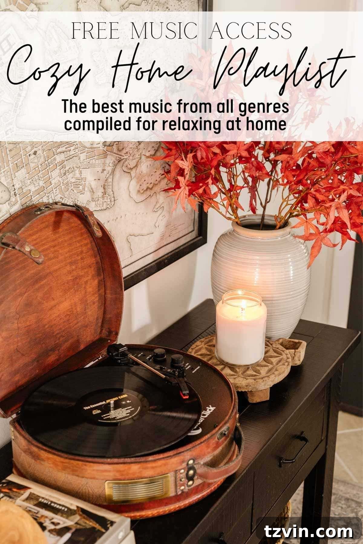 Promotional image for a free music playlist access for a cozy home, featuring the best relaxing music across genres, perfect for chilling at home.