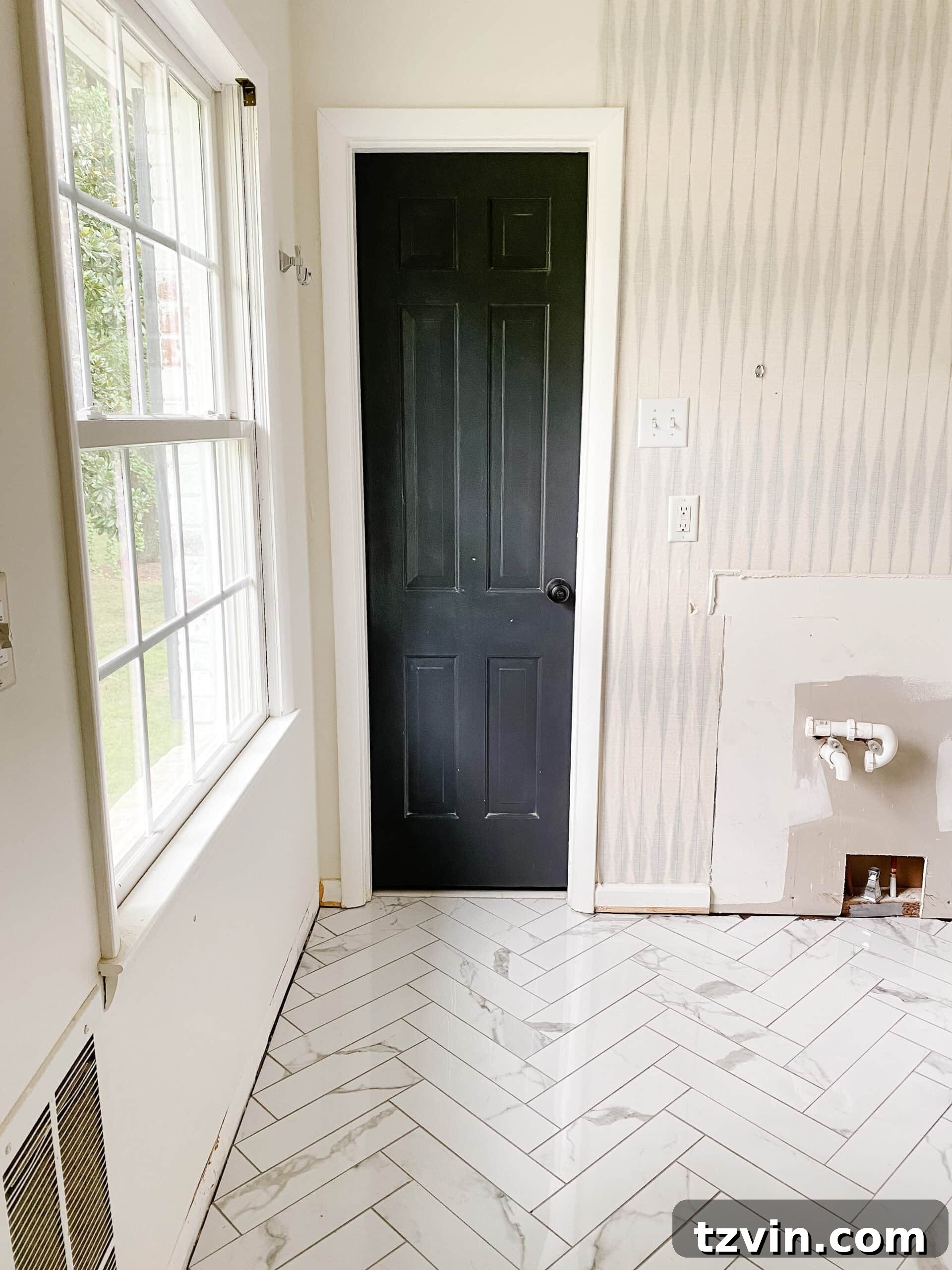 Our Faux Marble Herringbone Shower Transformation 13 luxurious faux marble herringbone tile floor in a modern bathroom renovation