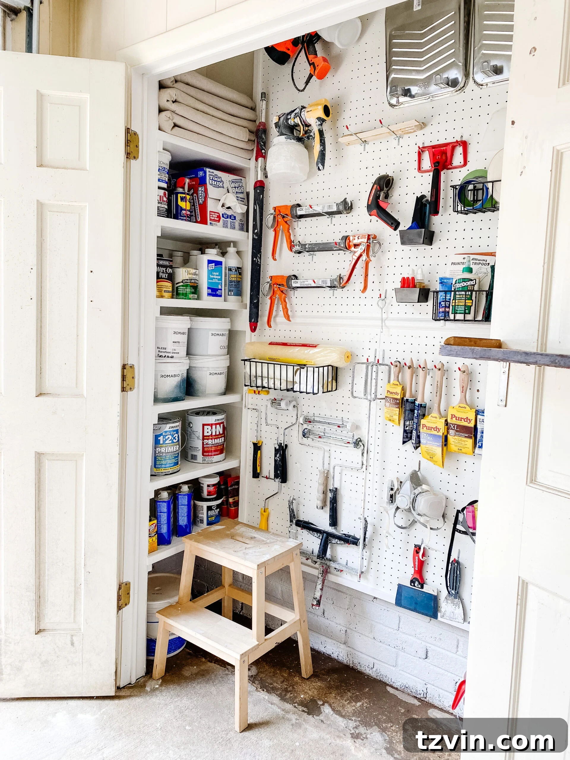 Paint Storage Perfection: Closet Organization Hacks 5 DIY shelves for paint storage and organized paint supplies with pegboard hooks