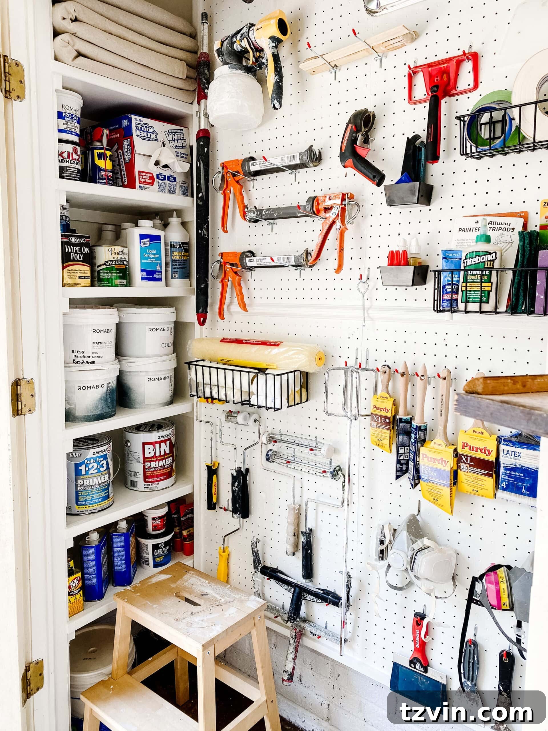 Paint Storage Perfection: Closet Organization Hacks 7 organizing paint supplies with DIY shelves and pegboard hooks and baskets