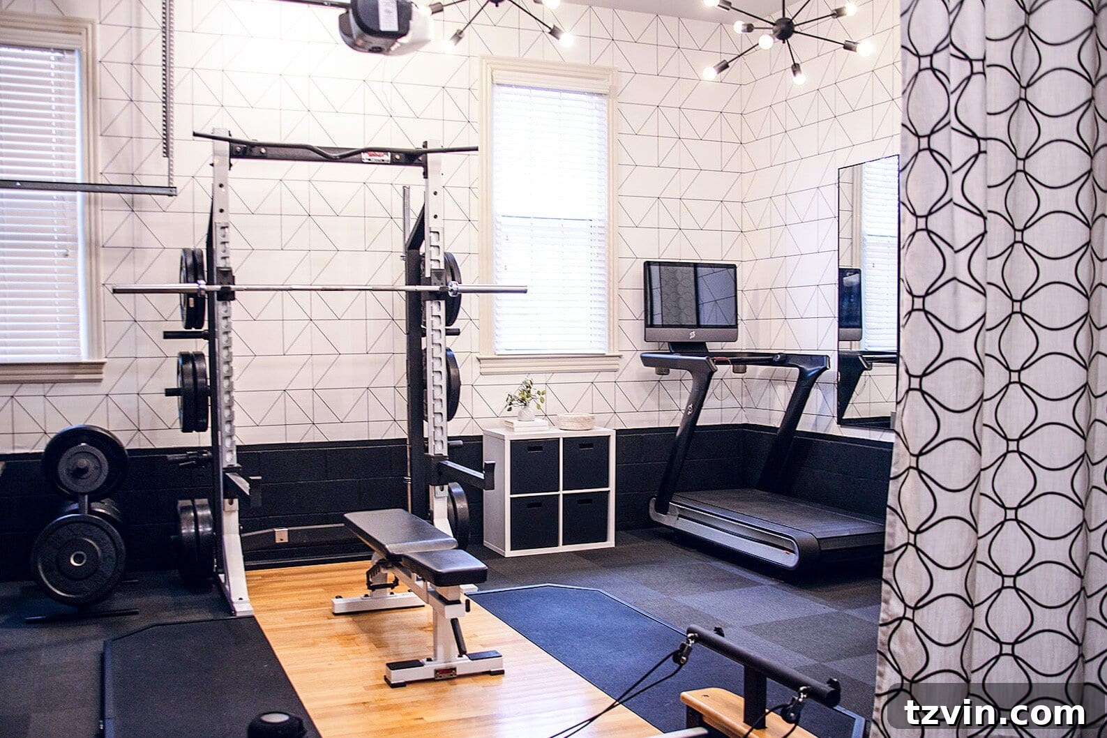 Smart Home Gym Solutions for Basements Garages and Sheds 11 workout room setup in a garage with a curtain divider