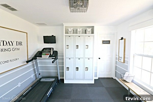 Smart Home Gym Solutions for Basements Garages and Sheds 14 home gym with repurposed lockers and a treadmill