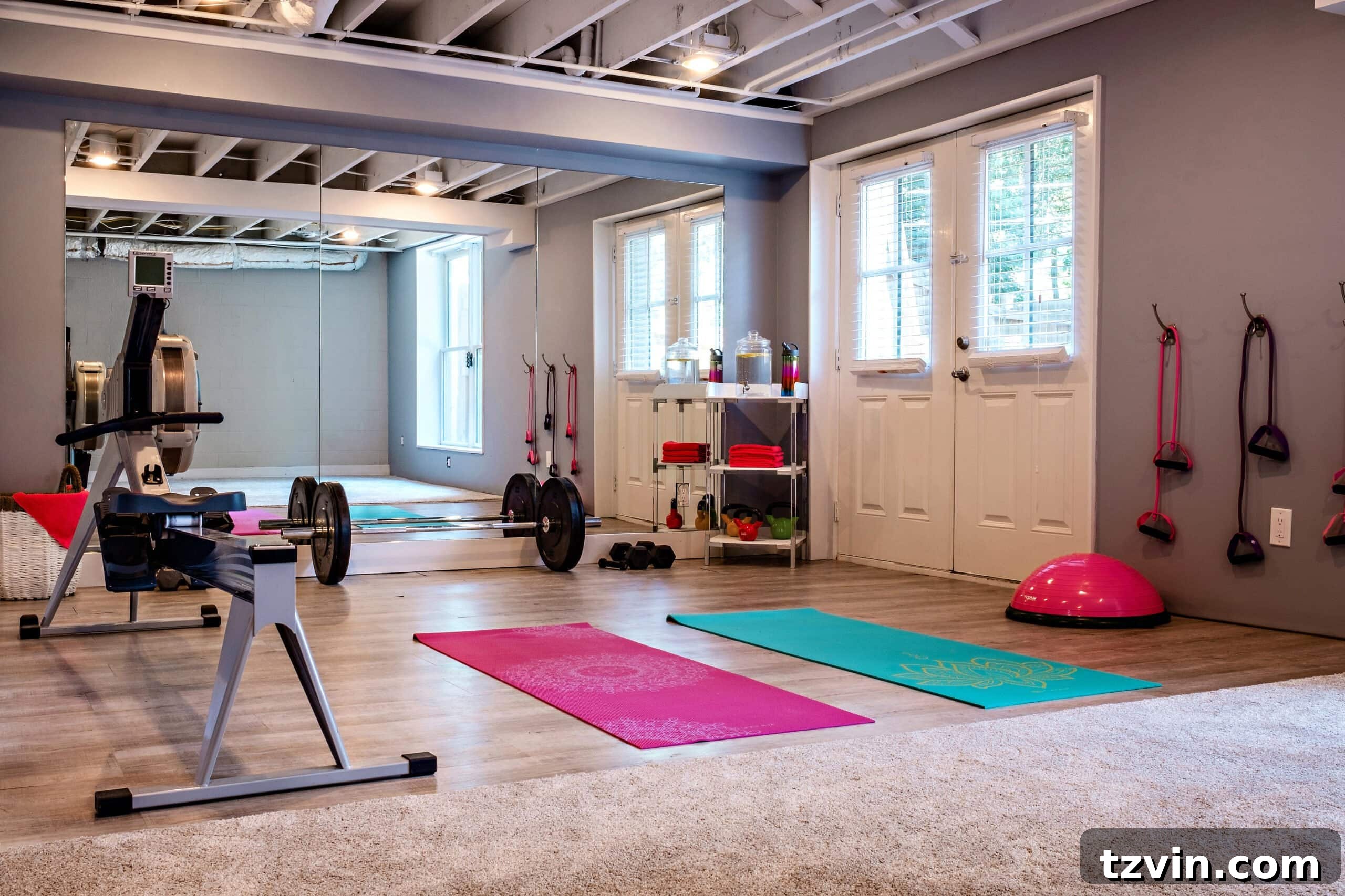 Smart Home Gym Solutions for Basements Garages and Sheds 7 home gym featuring an exposed ceiling and large mirrors
