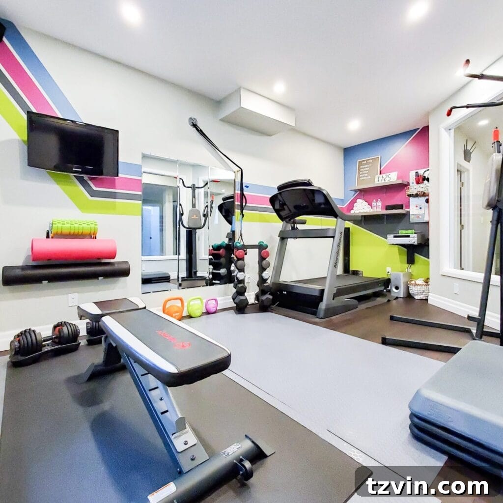 Smart Home Gym Solutions for Basements Garages and Sheds 8 home gym adorned with bright colored accents and artistic design