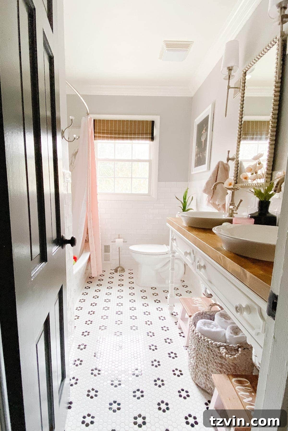 Monochrome Bathroom Makeover for Timeless Style 2 pink girls bathroom