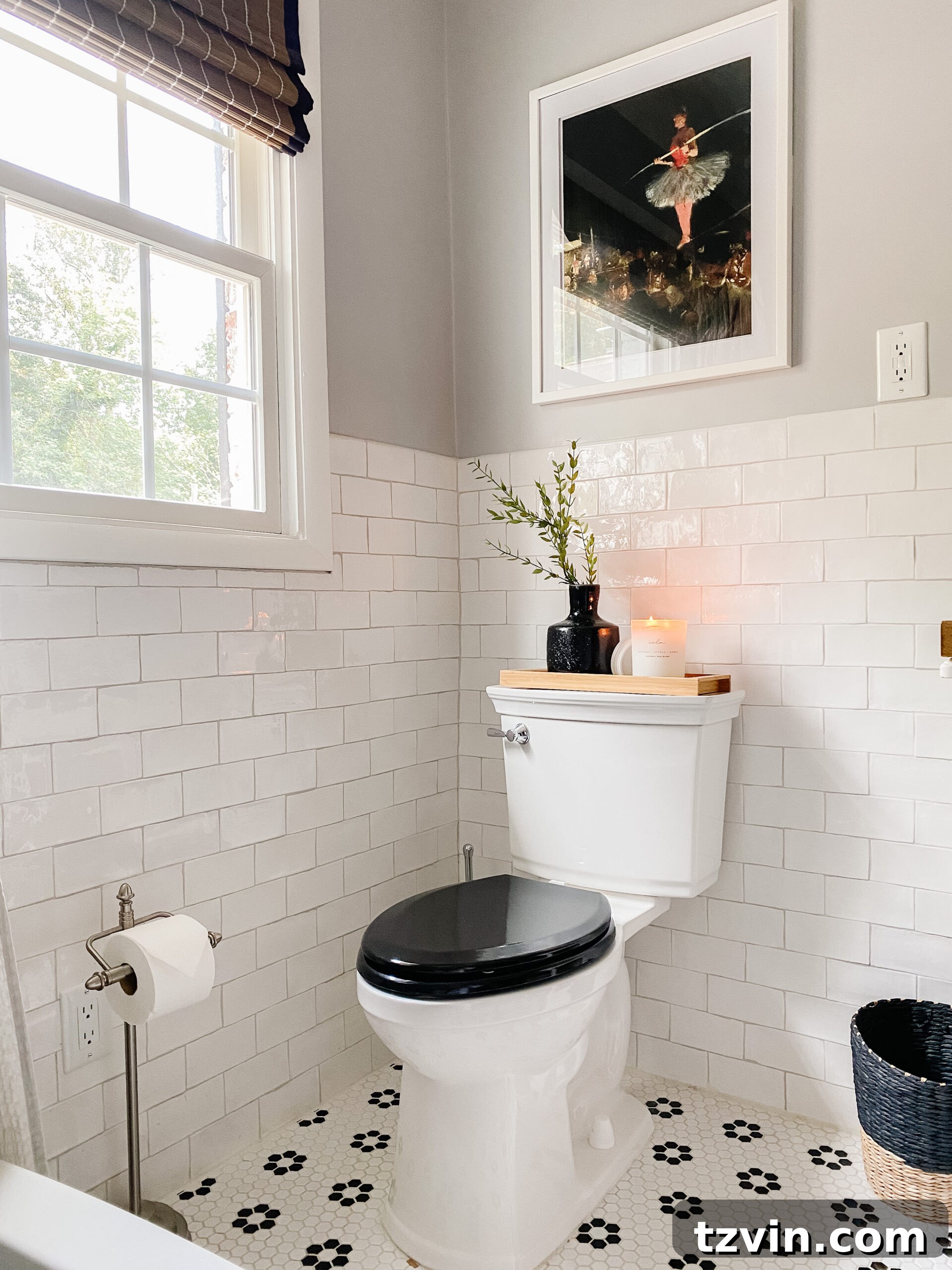 Monochrome Bathroom Makeover for Timeless Style 11 retro bathroom with black and white tile and black toilet seat