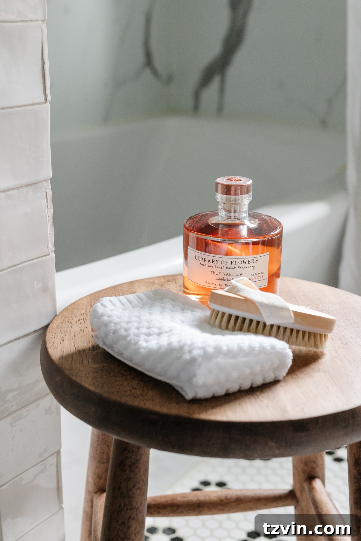 Monochrome Bathroom Makeover for Timeless Style 18 bathroom stool with toiletries