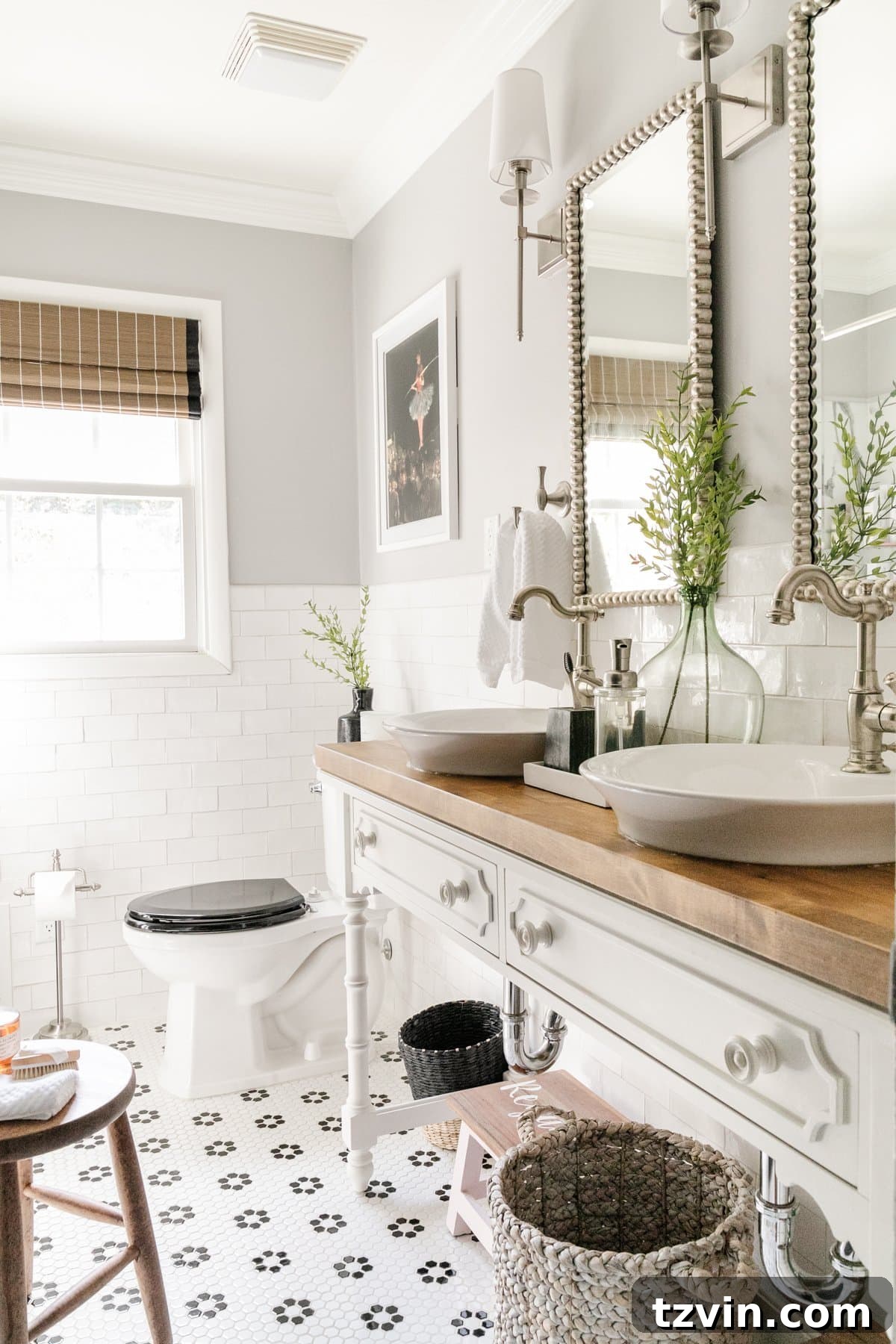 Monochrome Bathroom Makeover for Timeless Style 4 classic black and white bathroom decor with retro tile and Chippendale bamboo style vanity